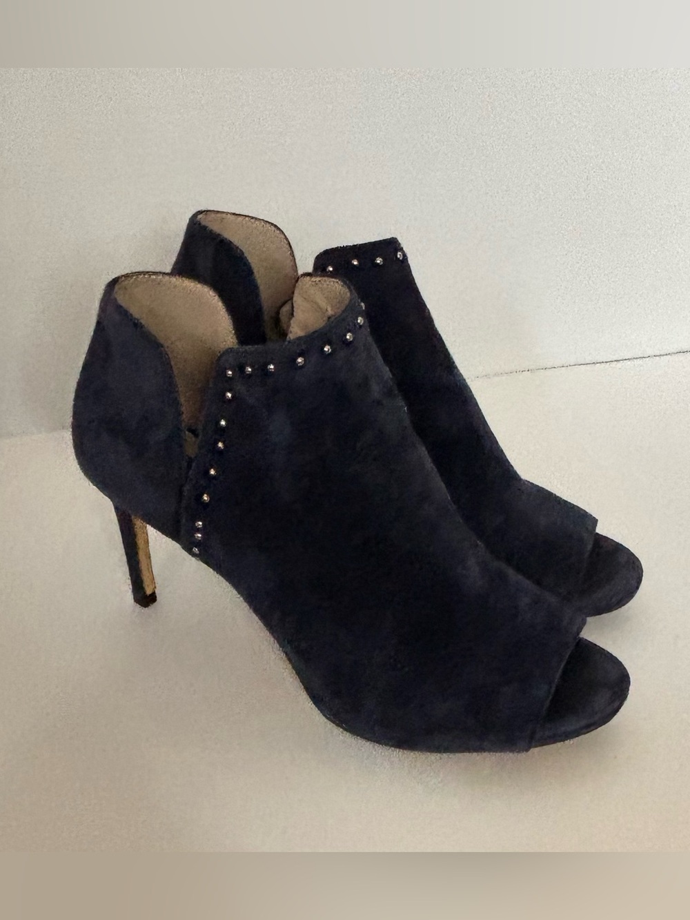 White House Black Market Black Suede Open-Toe Ankle Booties with Stud Trim